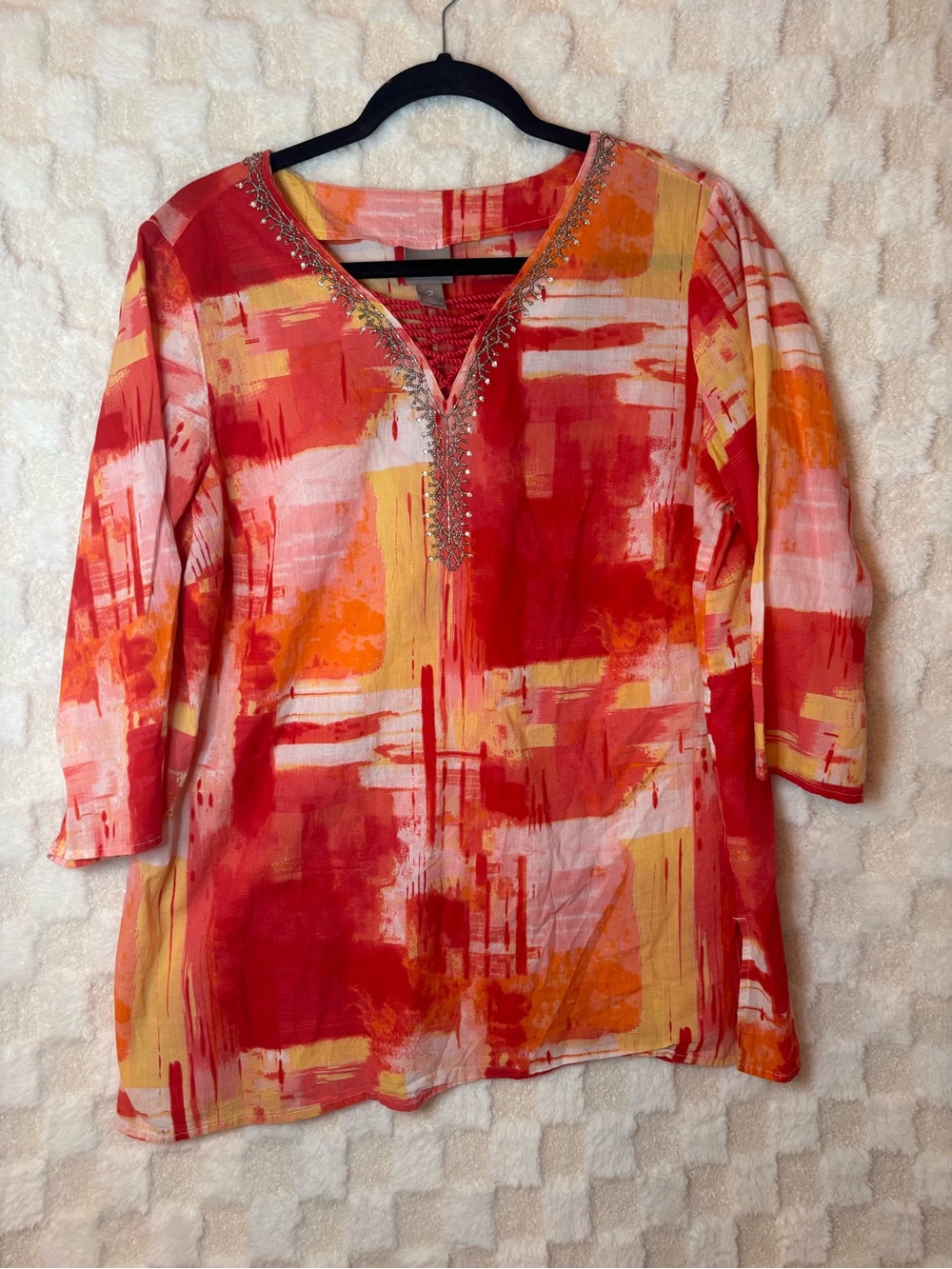 Chicos Embellished Red & Orange Abstract Print Women's Tunic 100% Cotton Size 2